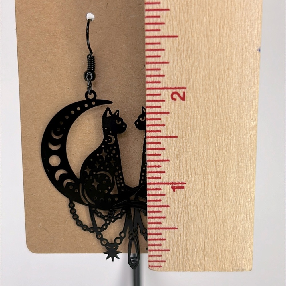 Cat On Moon Black Brass Dangle Earrings Elegant Fun - Picture 2 of 4